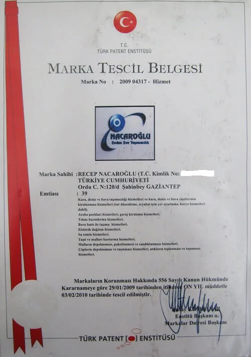 Nacaroğlu Evden Eve Taşımacılık marka tescil belgesi